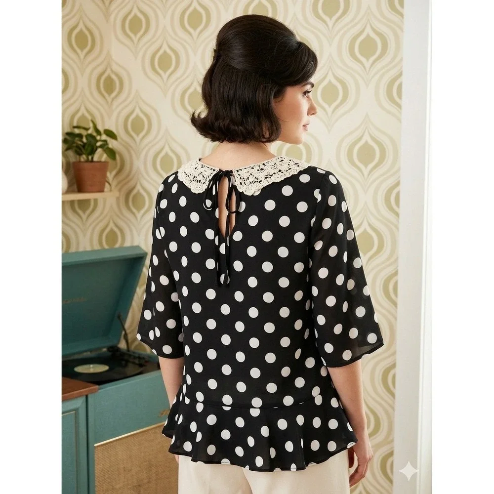 Polka Dot Peter Pan Lace‎ Collar Blouse M Chiffon Coquette Retro Peplum Womens